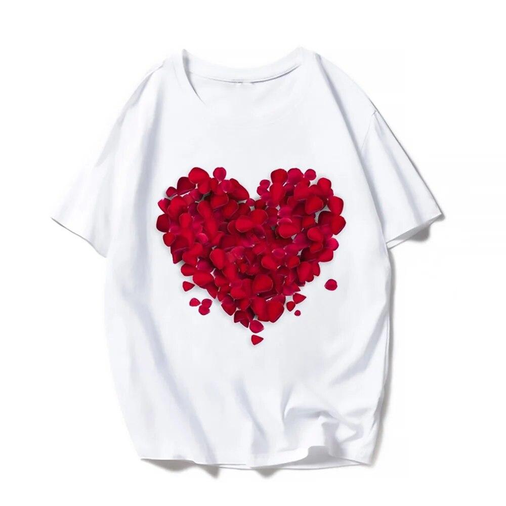 Повседневные футболки с короткими рукавами на День святого Валентина, женская модная летняя футболка с принтом Love Rose, женская футболка с графическим принтом