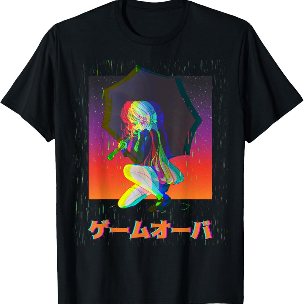 Грустная Аниме Девушка Game Over Глюк Японский Vaporwave Футболка