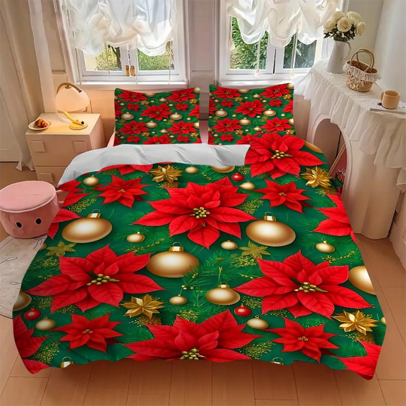 3pcs Christmas Poinsettia Bedding Set, Breathable and Soft, Suitable for Bedroom Decor (1*Duvet Cover + 1/2*Pillowcases, No Core) yy250821154