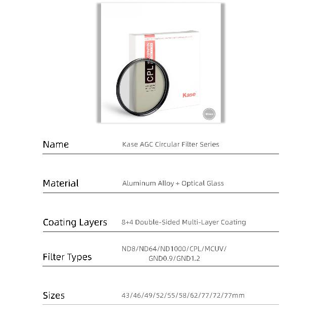 Kase AGC Optical Glass MCUV CPL ND8 ND64 ND1000 52/55/58/62/67/77/82/49mm Camera Lens Filter Circular Polarizer 12 Layer Coating