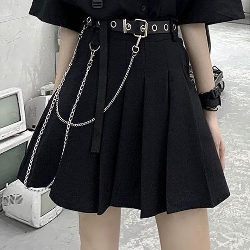 Черная плиссированная юбка в стиле панк, женская мини-юбка в стиле Харадзюку, летняя уличная одежда с цепочкой JK Girl, хип-хоп, корейский стиль