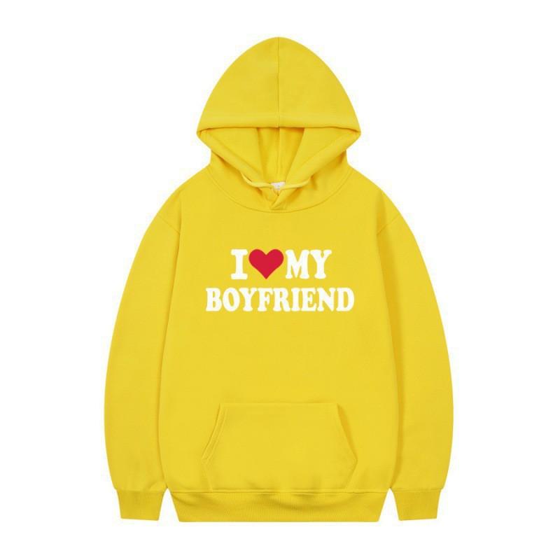 Mens Gothic Streetwear Hooded Sweatshirt With I LOVE MY BOYFRIEND Print Long Sleeve Loose Fit