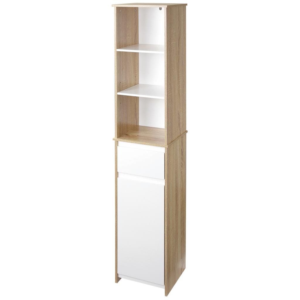 Cozy Style Bathroom Storage Column Cabinet with 3 Drawer Niches and Shelf, White with Light Oak Finish