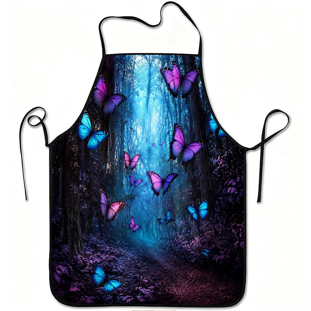 1pc Enchanted Forest Blue Purple Butterfly Print Apron, Durable And Easy to Clean, Adjustable Waistband, Polyester Material, for Kitchen Cooking, Gard