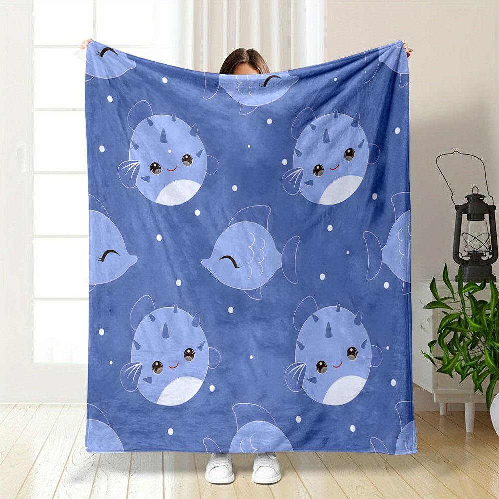 Cute Blue Fish Cartoon Pattern print blanket soft and cozy perfect for the living room bed sofa or a nap,gift