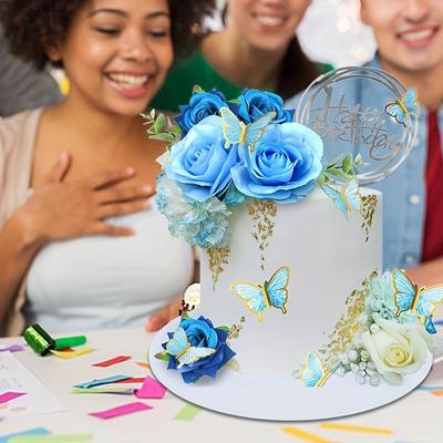 19 шт. синие бабочки для торта с искусственными розами, эвкалиптом, украшения для свадебного торта на день рождения, премиум-класса