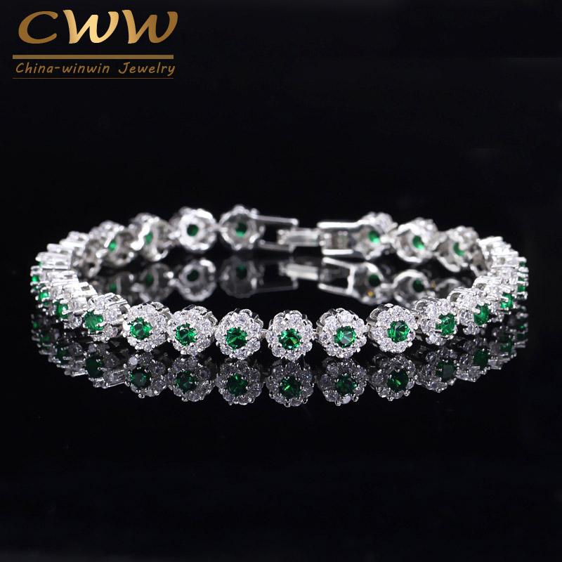 CWWZircons Top Quality Chain Link Green Crystal Warp Bracelet Fashion Women Wedding Party Round Cubic Zirconia Bracelets CB086
