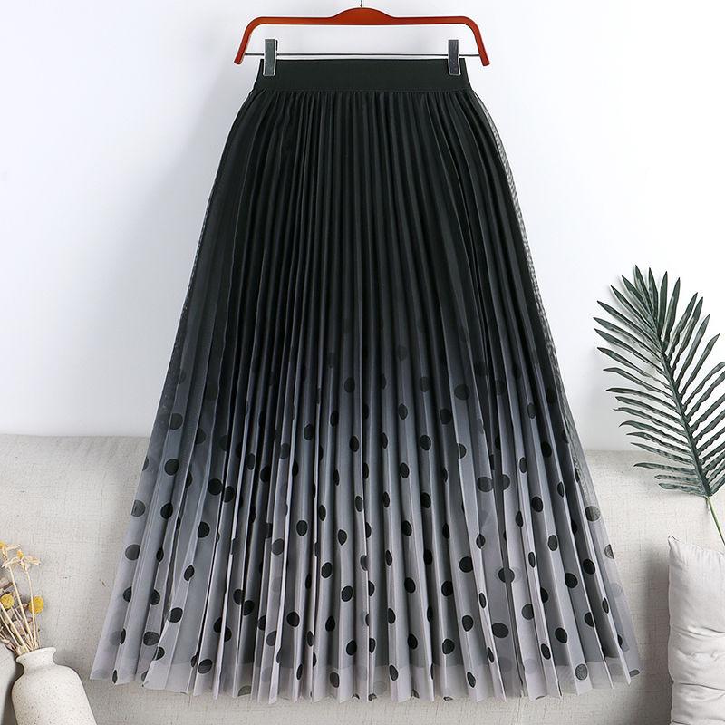 MOJTA Mid-length Skirt Spring Summer Women's Pleated Elastic Dots High Waist Skirt A-line Long Skirt
