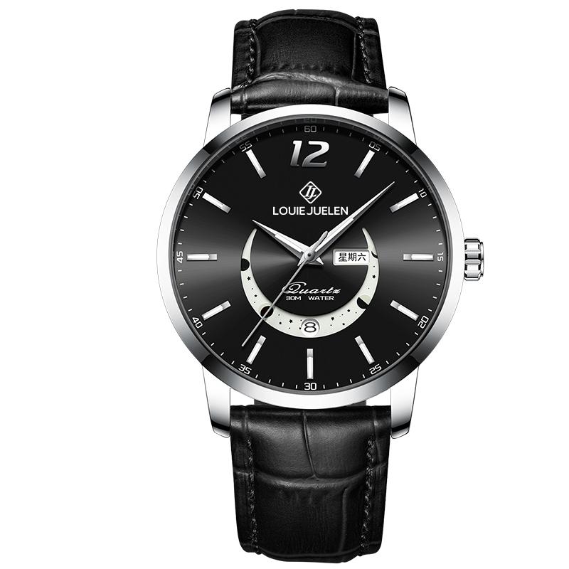 LOUIE JUELEN 9284 New Moon Phase Design Stainless Leather Band Man Fashion Watch Luminous Hands Function Simple Dial Men Watches