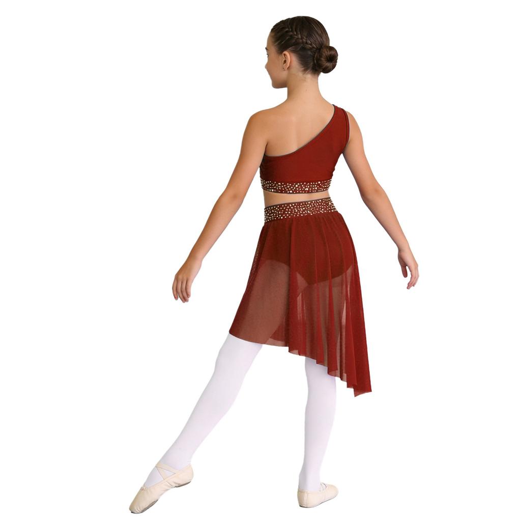 Girls Lyrical Dance Outfit One Shoulder Crop Top Shiny Rhinestone Ruched Sheer Mesh Overlay Skirted Briefs