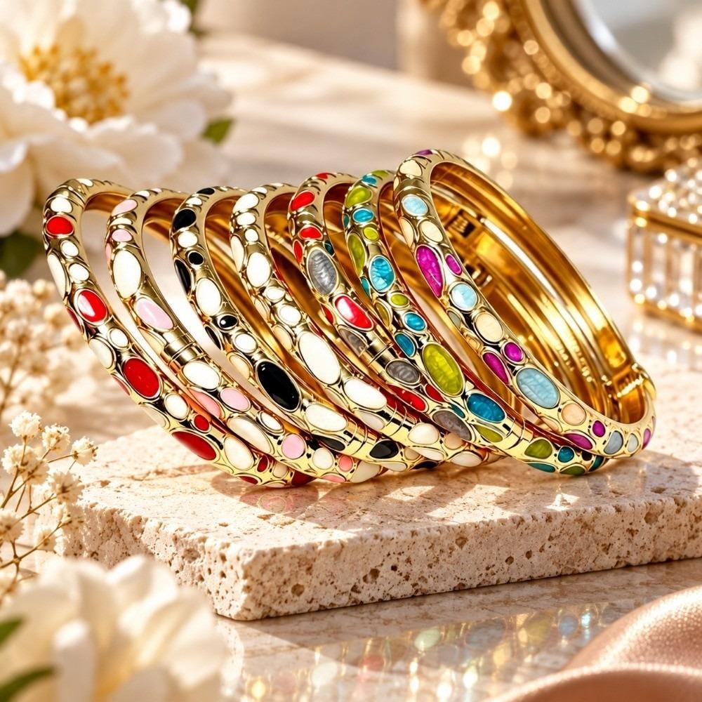 Colorful Rhinestone Bangle Enamel Women's Hand Bracelet Fashion Vintage Cloisonne Bangle  Wedding