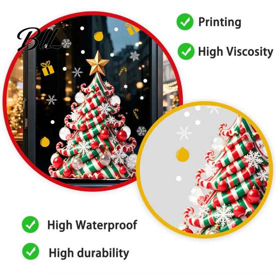 Creative Seasonal Ornaments Christmas Tree Window Decals, Candy Striped Snowflake Wall Stickers, Waterproof Murals PVC Removable Glass Clings for Home