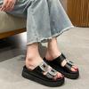 2024 Rhinestone Shoes Womens High Heel Platform Sandals Double Buckle Strap Slippers Womens Leather Beach Fashion Black Slippers