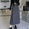 Black Grey Long Skirt Women High Waist Y2K A-line Skirts with Belt Preppy Style Casual Korean Pleated Skirts