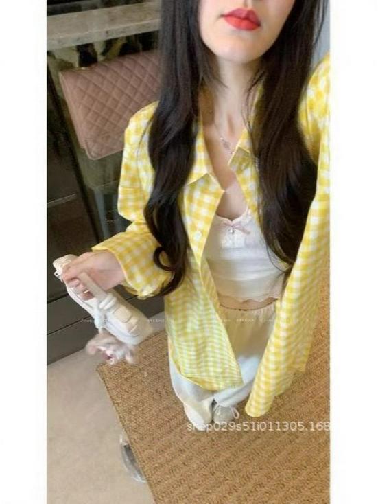 Корейская шикарная желтая клетчатая рубашка с защитой от солнца, свободная, повседневная, для женщин