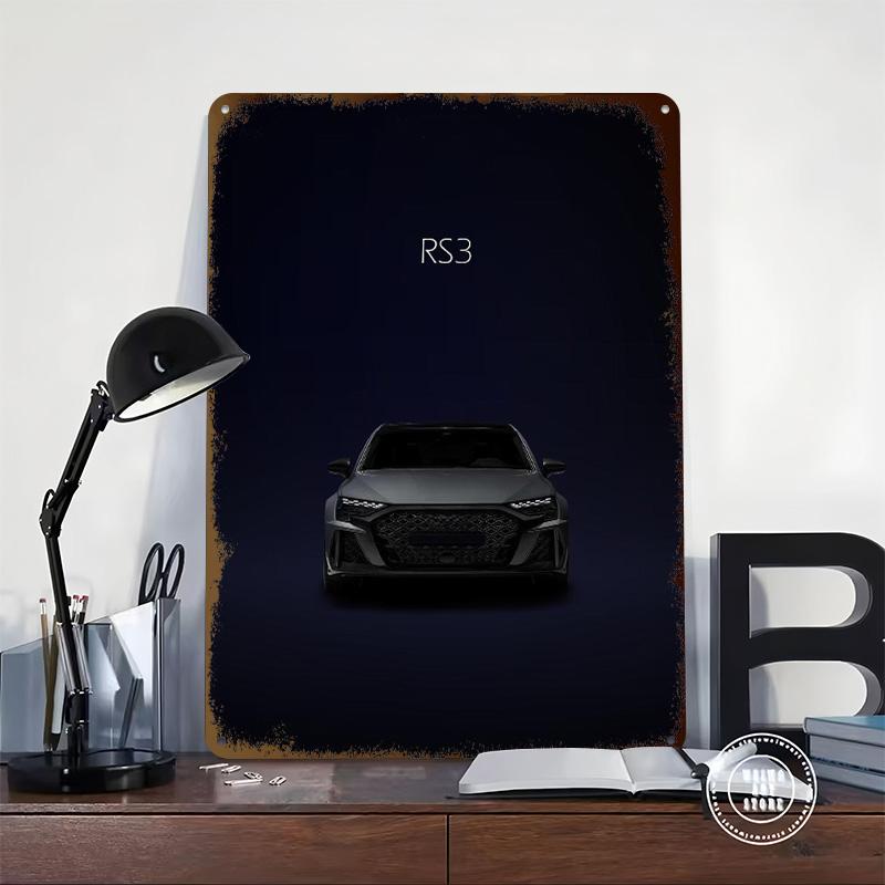 2024 Спортивный автомобиль RS3 Металлическая плакат Индивидуальное настенное искусство Ретро Винтажные жестяные таблички для мужской берлоги Декор комнаты Дома Стола
