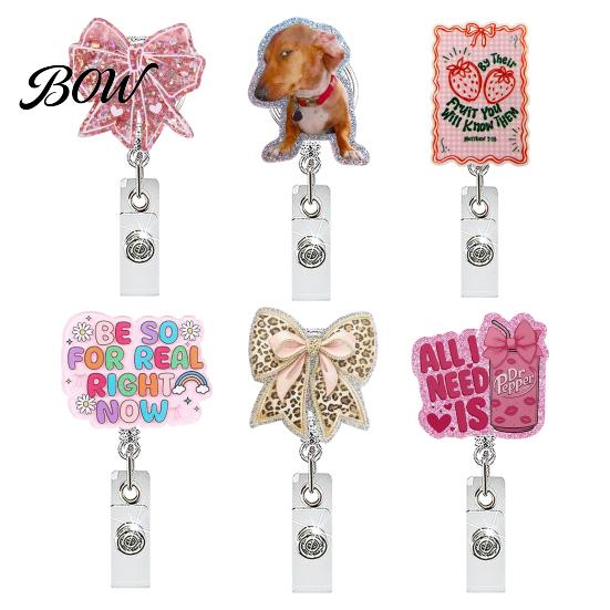 Badge Reel with Clip Nurse Reel, Funny Retractable Glitter Acrylic Name Tag Holder Cute ID Clip, Sparkly Card for Teachers Student Staffs Keychain
