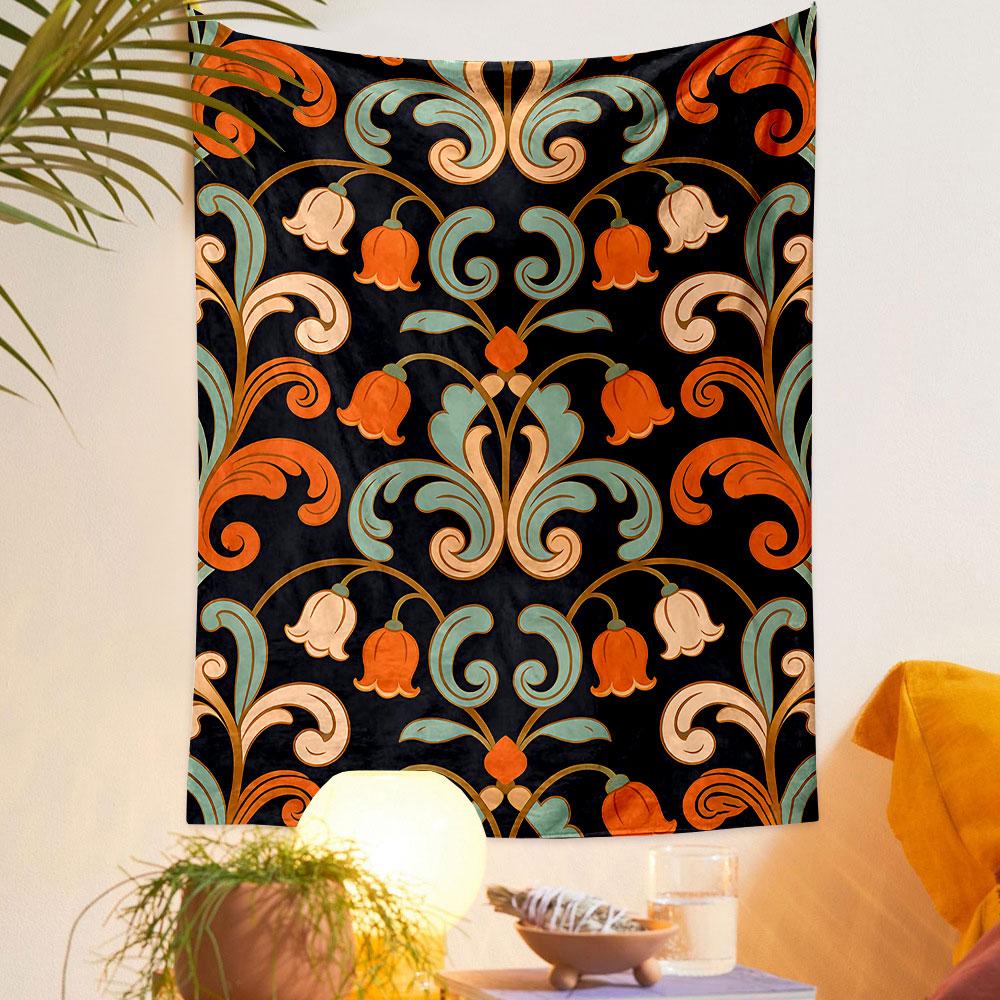 Vintage Floral Pattern with Orange Blossoms Patterned tapestry home decor, suitable for bedroom and living room, gift