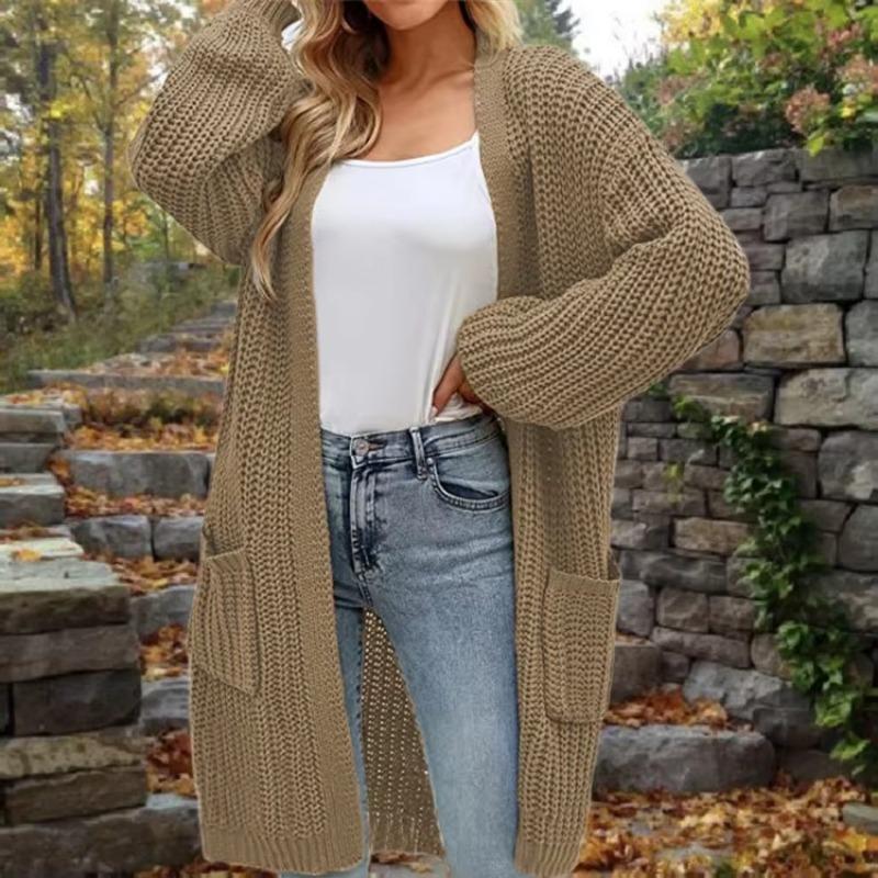 2025 Autumn Winter New Sweater European American Style Mid-length Loose Double Pocket Cardigan Pullovers Jacket