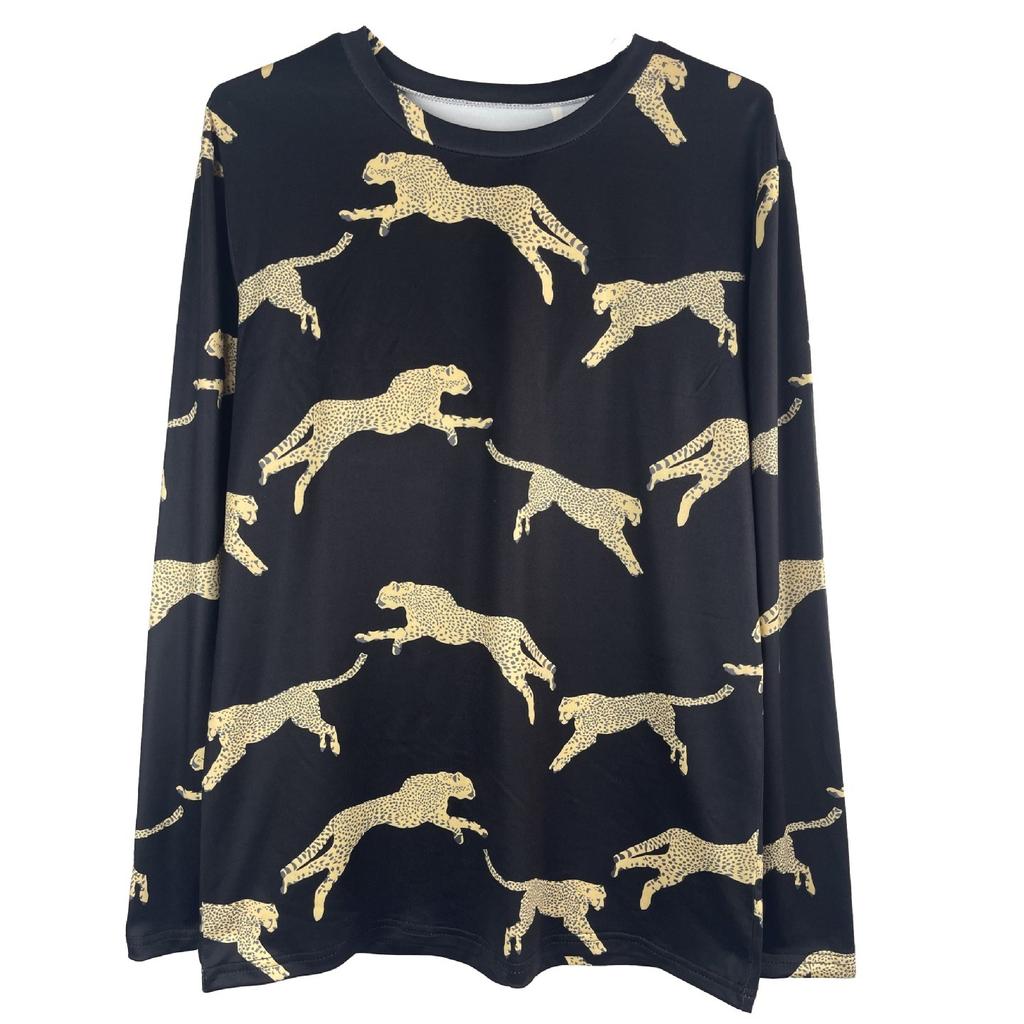Весенне-осенний топ с круглым вырезом, леопардовым принтом и 3D-печатью, модная повседневная женская футболка с длинным рукавом