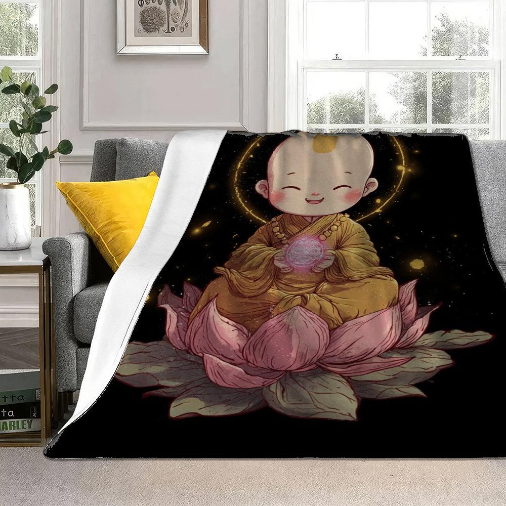 Cartoon monk with lotus flower pattern Flannel printed blanket suitable for all seasons for living room office sofa and travel