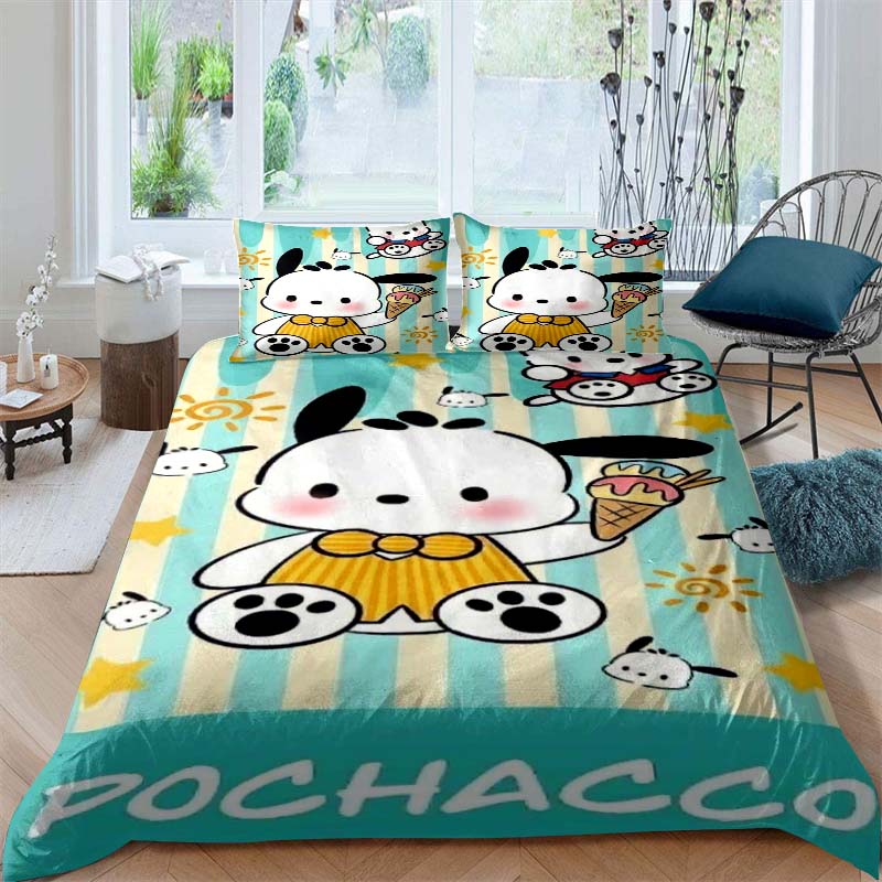 The new cartoon Pochacco dog themed three piece bedding set for 2026, including duvet covers and pillowcases, is the perfect cho