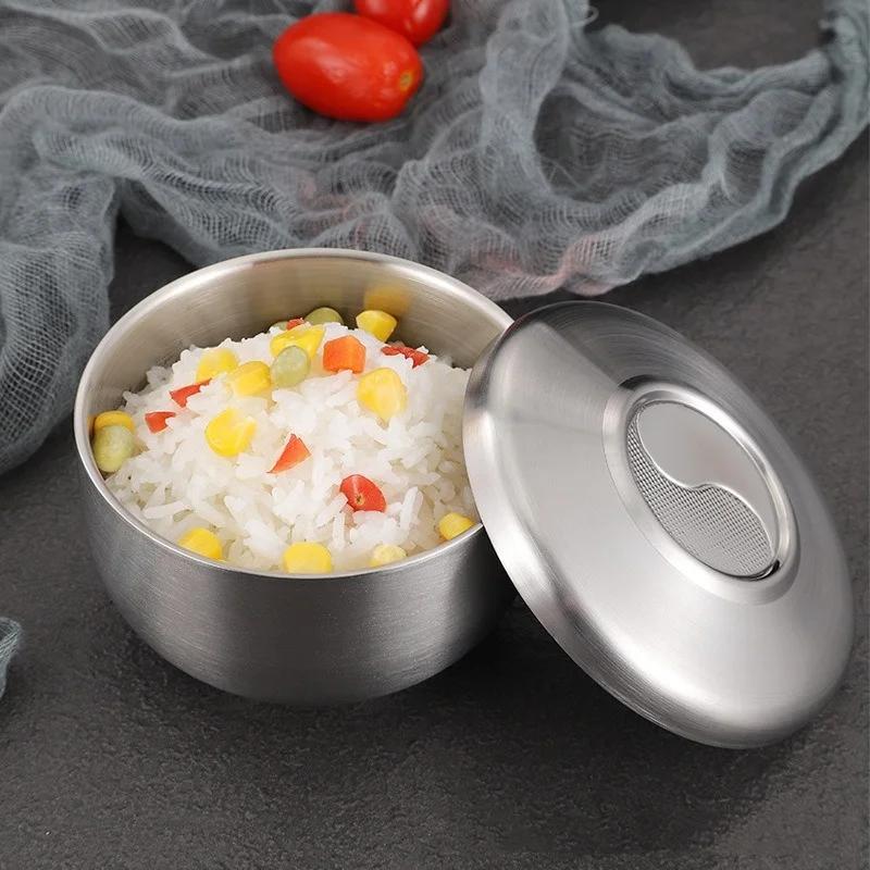 Миска Sutra Kimchi из нержавеющей стали 304, двухслойная миска для риса с крышкой, домашняя миска для супа Ramen, детские миски для риса с защитой от ожогов