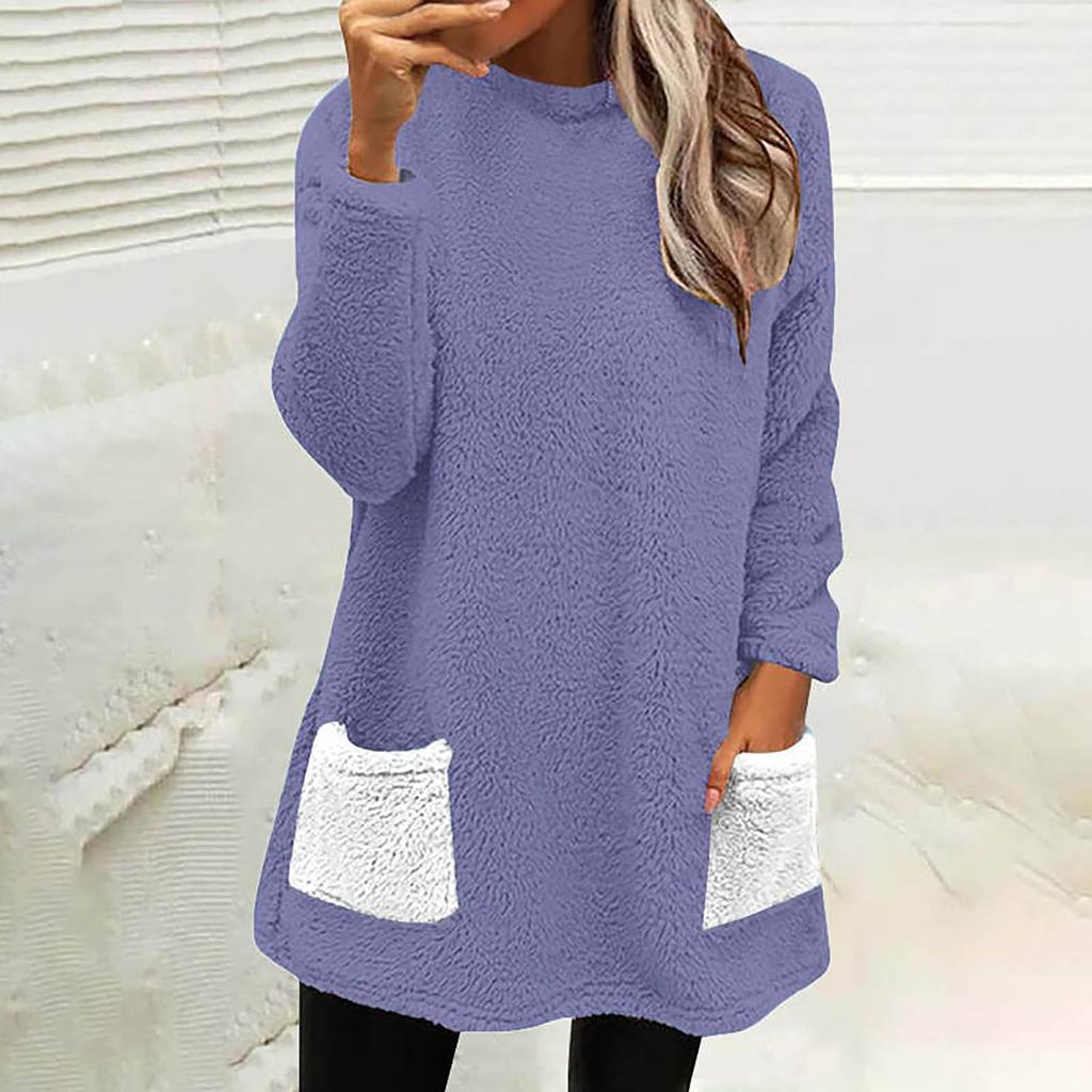 Женская модная повседневная толстовка с длинным рукавом и карманом, цветная плюшевая футболка, топ