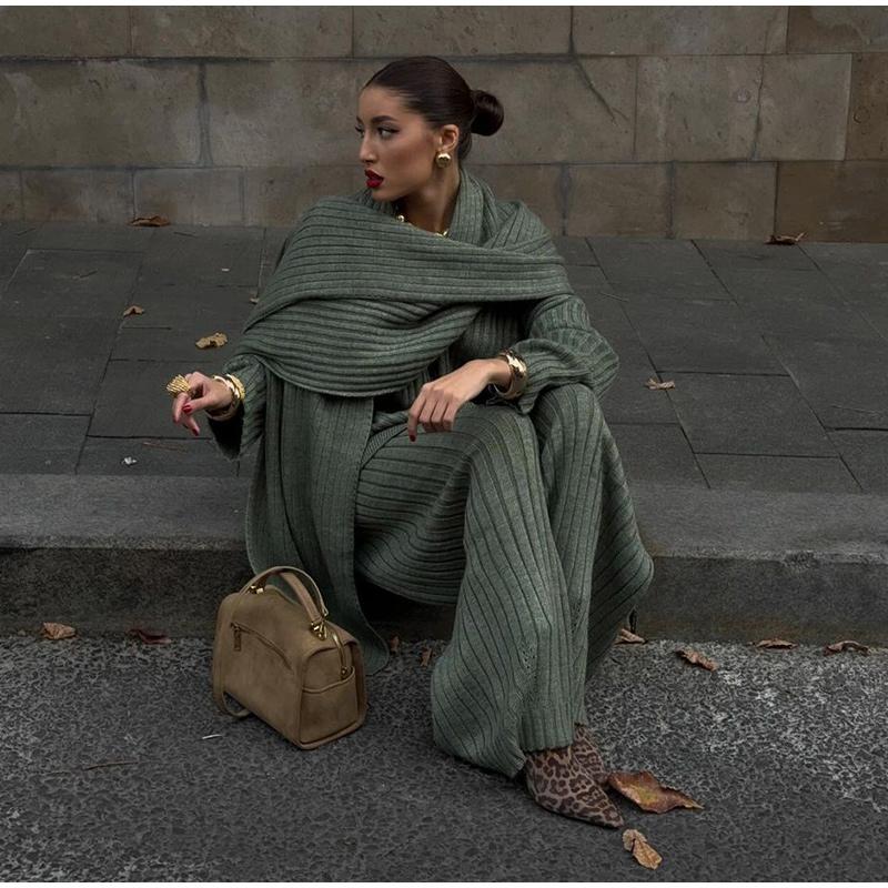 Свободные трикотажные женские комплекты с V-образным вырезом, длинным рукавом, шарфом, пуловером, длинными брюками, трикотажный женский костюм, осенне-зимние повседневные женские костюмы