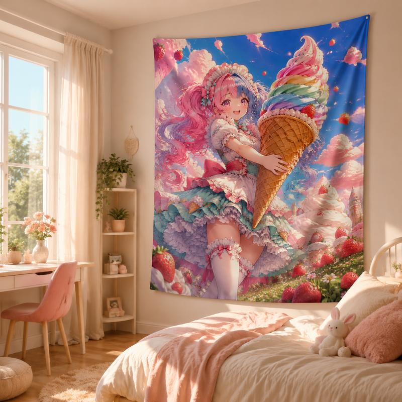 Kawaii Anime Tapestry Sweet Aesthetic Sweet Candy Land Anime Tapestry Soft Wall Hanging With Pink-Haired Maid