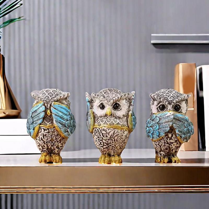 Owl Figurine Creative Tabletop Ornament no listen no see no speak Owl Sculpture for Office Cabinet Living Room Table Centerpiece