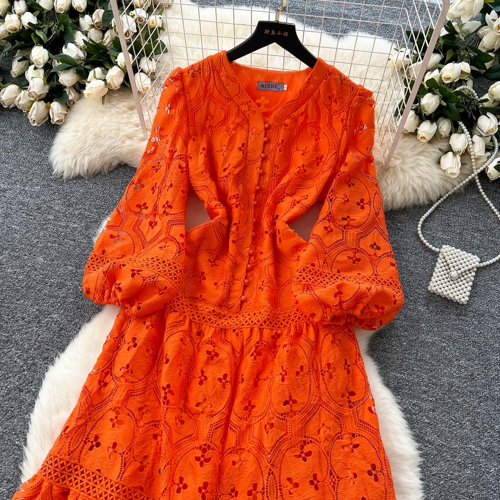 Весна-лето Женские V-образные вырезы с рукавами-фонариками Вышитые кружевные длинные макси вечерние платья