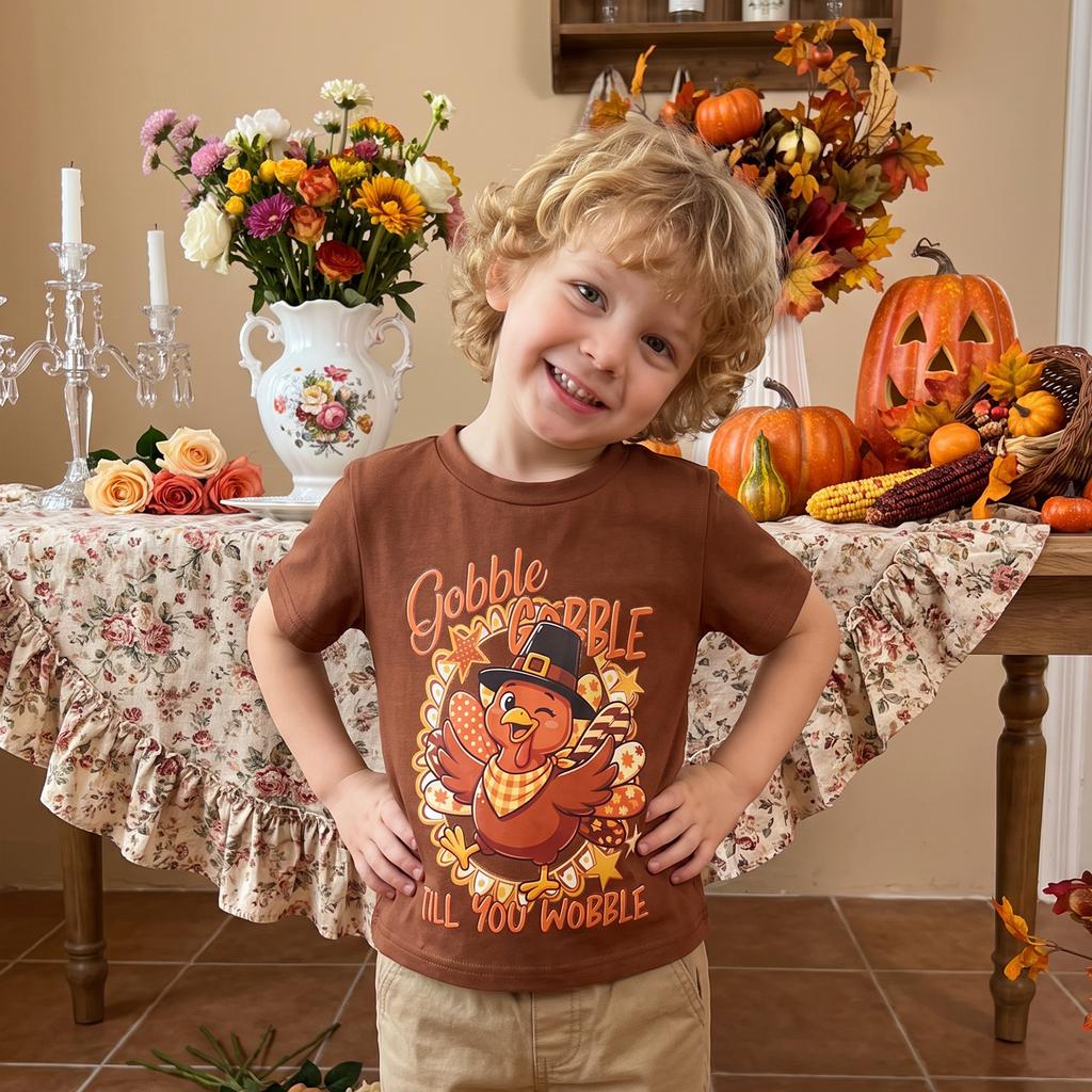 FOCUSNORM 1-6Y Little Kids Boys Girls Thanksgiving T-Shirt Summer Letter/Turkey Print Short Sleeve Tops