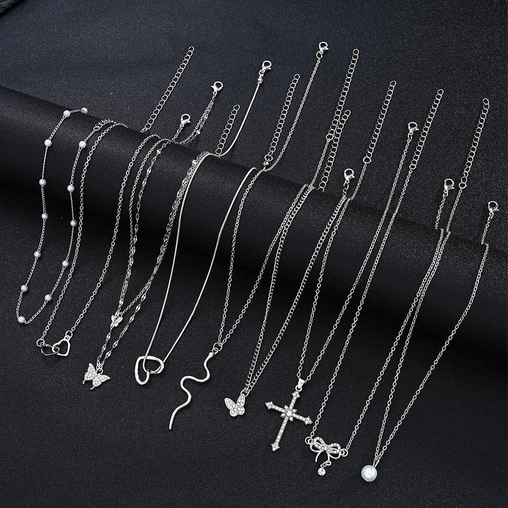 9pcs Elegant Necklace Set For Women Sparkling Rhinestones Cute Butterfly Heart Cross Bow Pendant Necklaces Party Jewelry Gifts