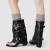 Square Toe Rivet Strap Buckle Clip Toe Women Mid-calf Boots Spring Summer Thick High Heels Soft Leather Punk Boots Shoe