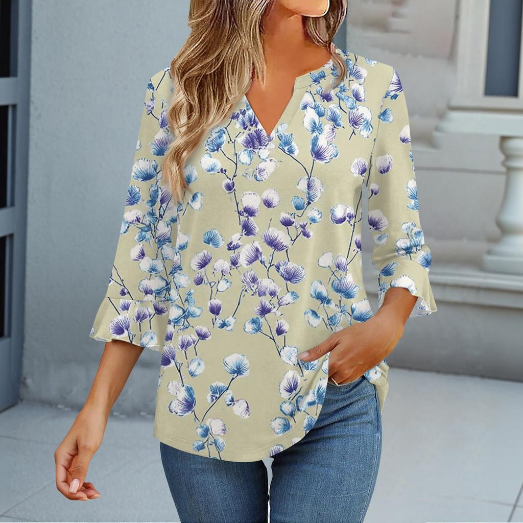 3/4 Sleeve Tops For Women T-Shirt Casual Flared Sleeves Print Tunic V Neck Pullover Blouse