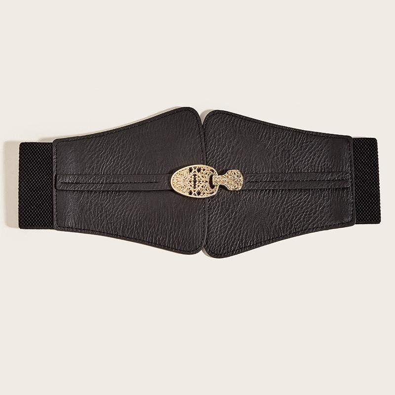 Fashion Gold Buckle Decoration Women Casual Black Faux Leather Belt For Dress And Coat Fashion Accessory