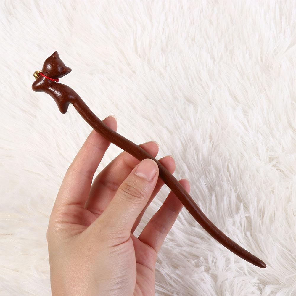 Wooden Cat Hair Stick Bell Cartoon Aniaml Hairpin Retro Chinese Hanfu Style Hair Clip Female/Girls