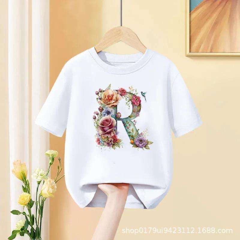 Floral AZ Kids Tshirt 26 Letters Cute ABCD Cartoon Short Sleeve Tee for Girls Summer Fashion Polyester Fabric