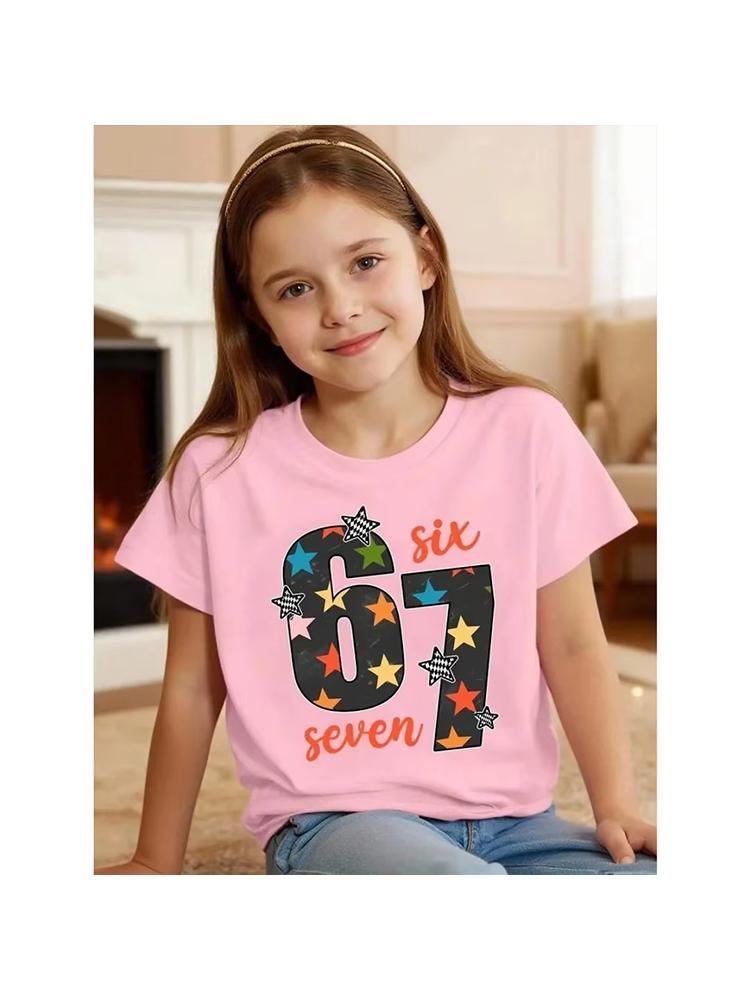 Girls Cute Star Pattern Number 67 Print Short Sleeve Tee Breathable Cotton Perfect for Birthday Daily Outfitsdf0045