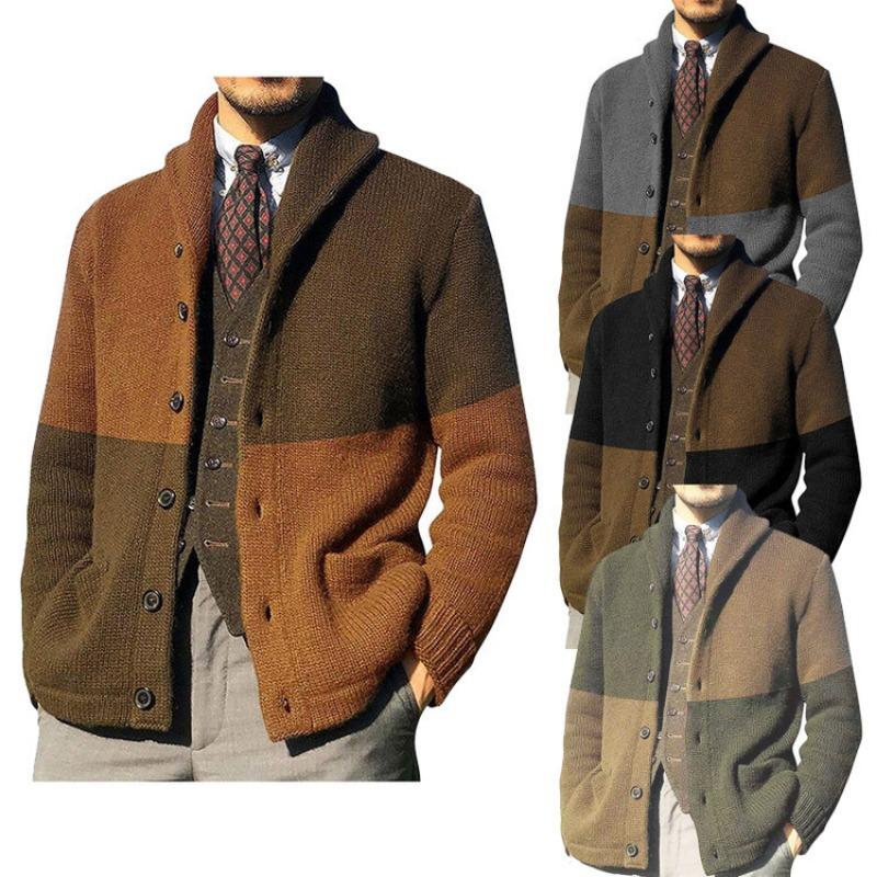 Men S Knit Cardigan Color Block Lapel Loose Fit Long Sleeve Sweater