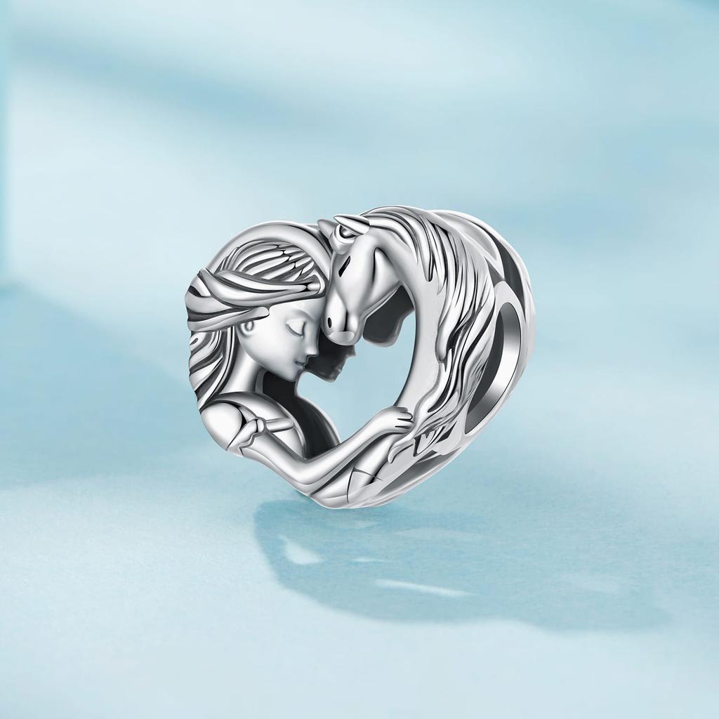 Silver heart charm girl with horse beads silver 925 bead