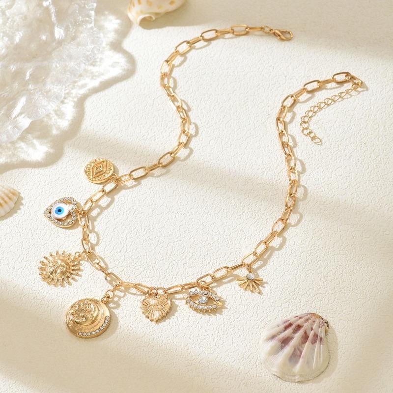 Devil's Eye Love Clavicle Chain Jewelry Vintage Embossed Star Moon Sun Flower Necklace