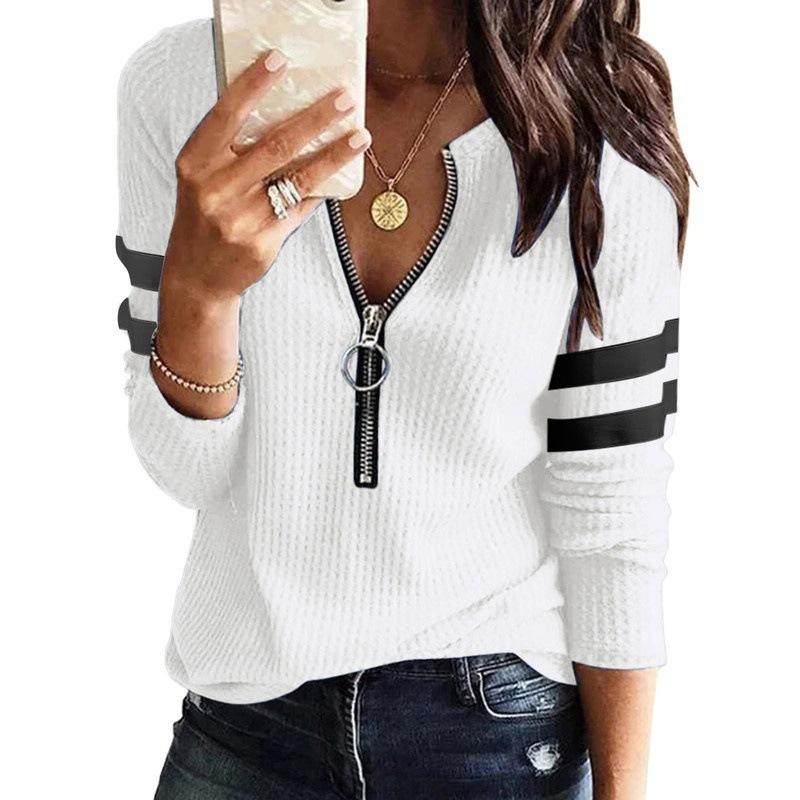 Women's Long Sleeve Zip V Neck Knit Plus Size T-Shirt