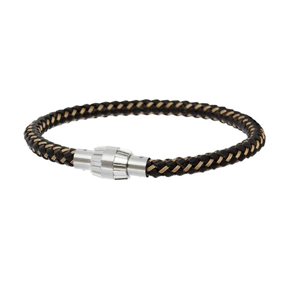Les Trésors De Lily [R5107] - Silver Brown 'Giorgio' Steel Leather Bracelet - 220x6 Mm