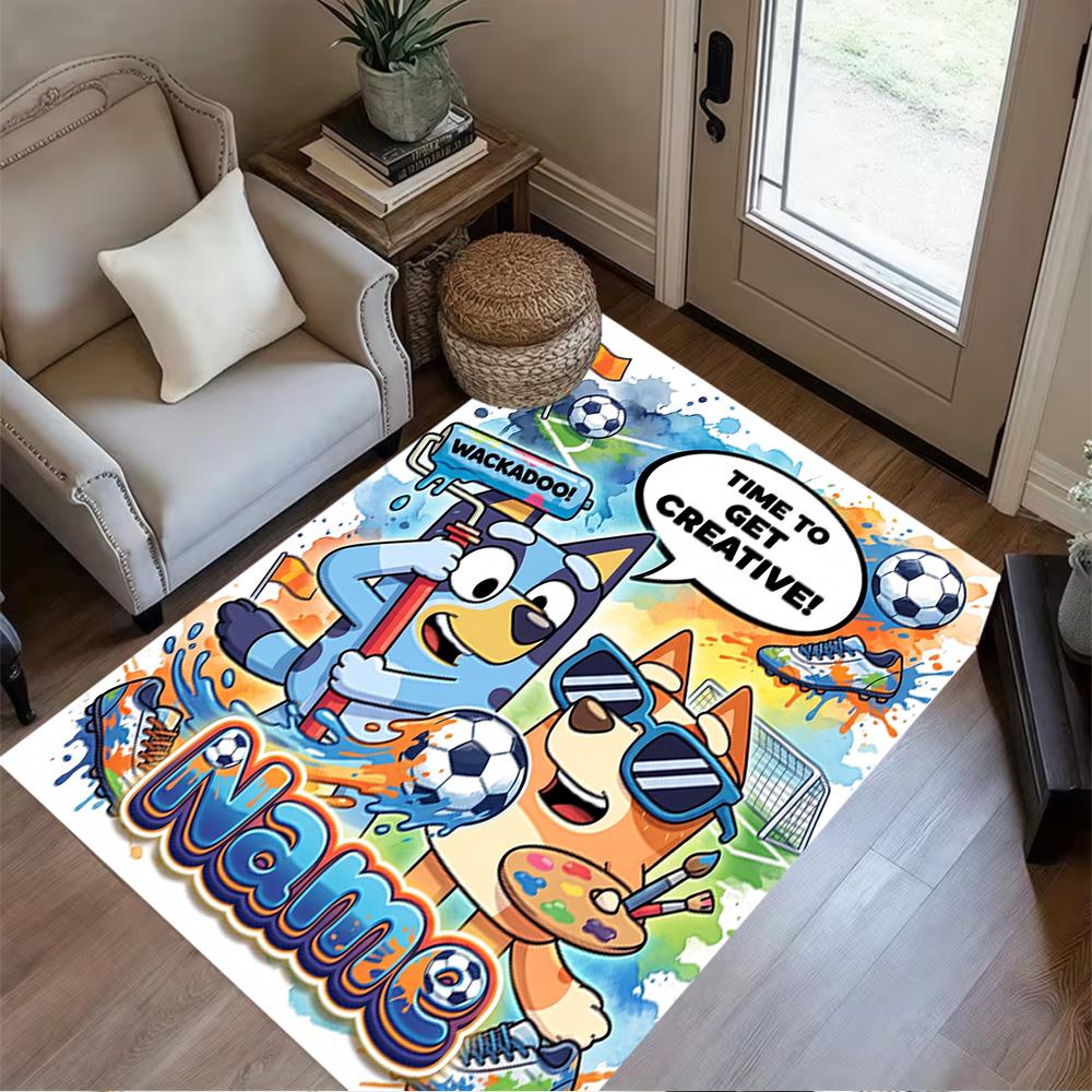 Bluey's Soccer Fun Customize Your Name Area Rug Perfect for Balcony Hallway Kitchen Study room Anti-slip Rug Anime Office Decor Wedding Party Gift