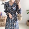Женское осенне-весеннее синее длинное платье с v-образным вырезом и длинными рукавами с цветочным принтом, повседневное элегантное платье с принтом Florla