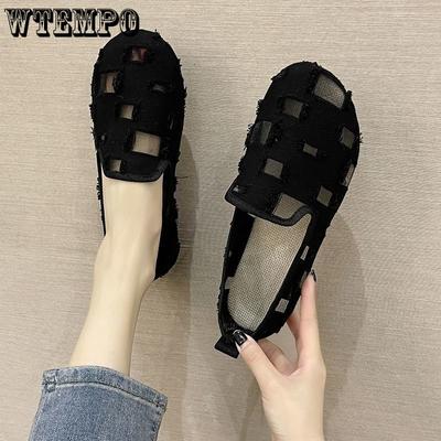 Тканевая обувь в стиле сращивания, летние туфли с сетчатыми отверстиями и плоской подошвой, женские модные дышащие сандалии с мягкой подошвой