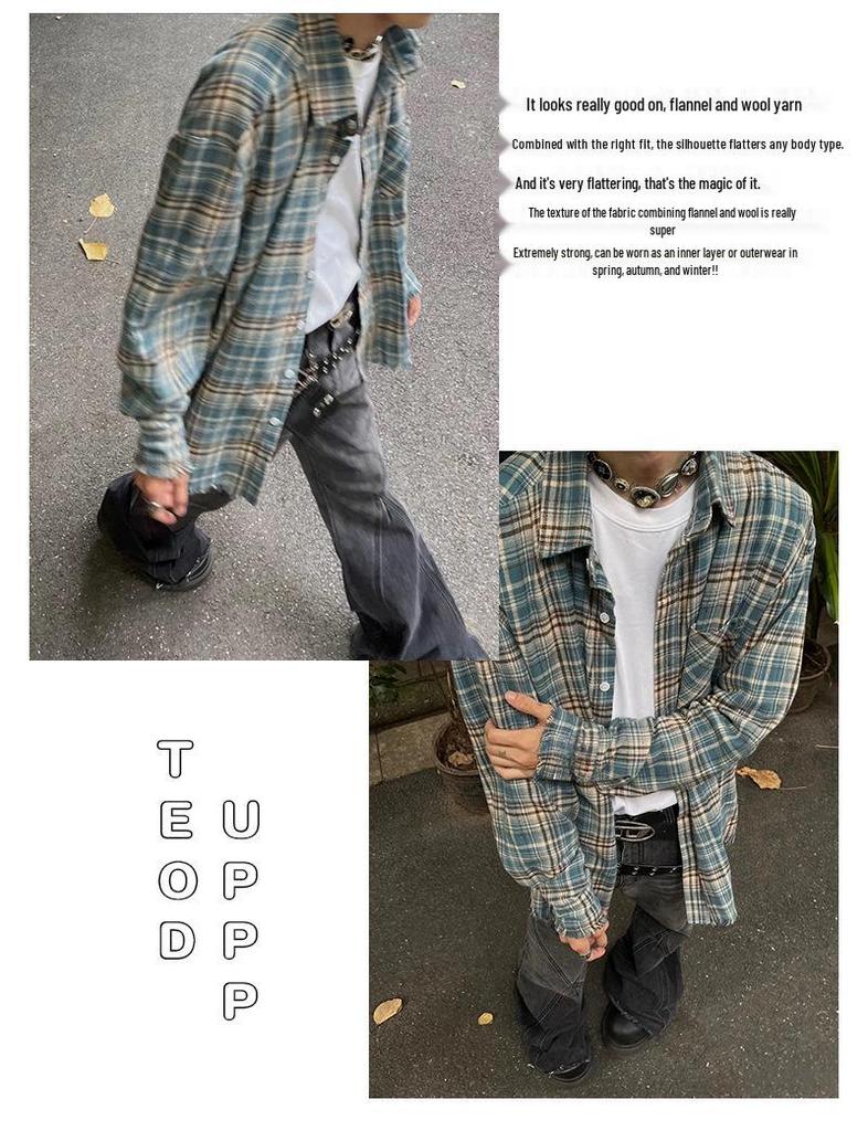 Рубашка из фланели в клетку с бахромой в стиле ретро, унисекс, весенняя, свободного кроя