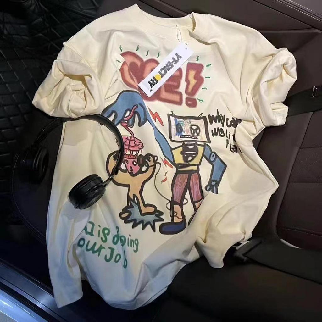 Корейский женский свободный летний топ с короткими рукавами Dongdaemun Cartoon Graffiti Robot